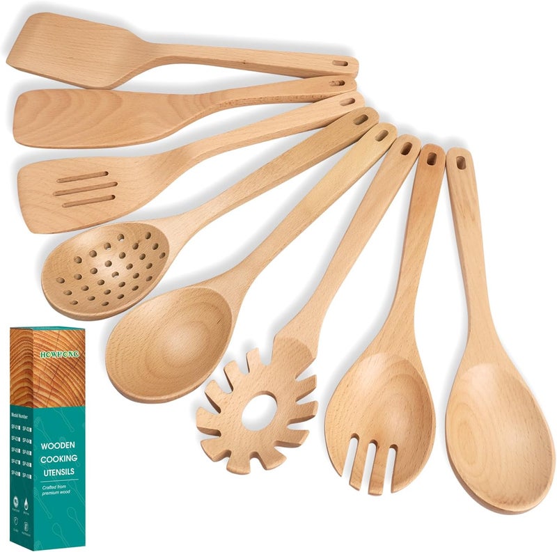 HOWHONG Wooden Spoons for Cooking, Beech Wood Kitchen Utensil Set, Premium Handmade Wooden Cooking Utensils for Nonstick Cookware, Heat Resistant, Smooth Finish, Comfortable Grip, 8 Piece - Image 1